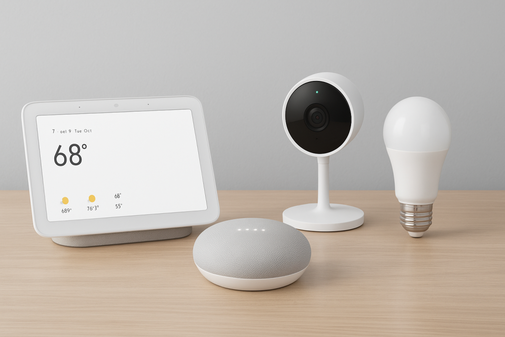 A collection of modern smart devices on a sleek table setup representing connected living
